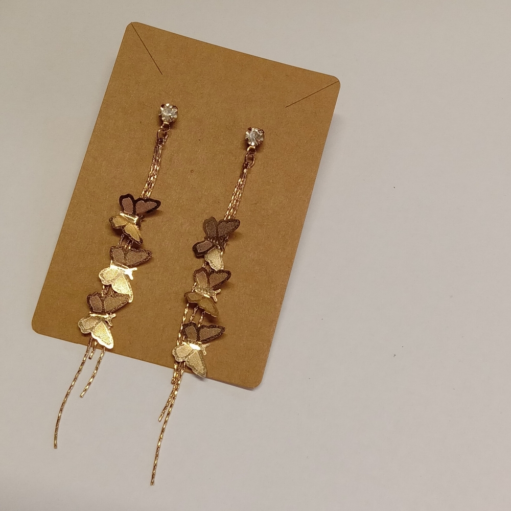 Vintage Gold Tone CZ Butterfly Dangle Earrings